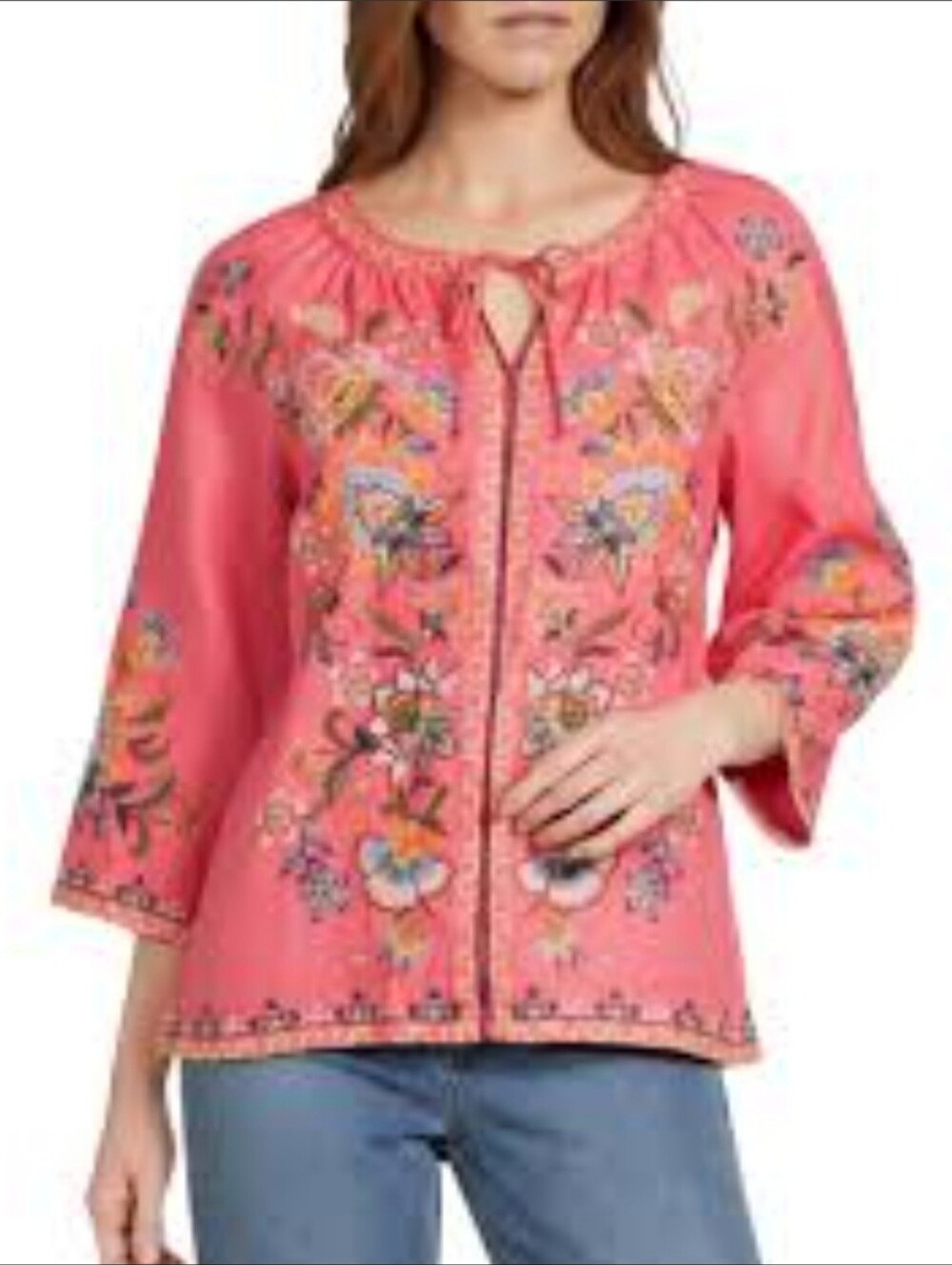 John Mark Embroidered Split V-Neck 3/4 Sleeve Tie-Front Peasant Top